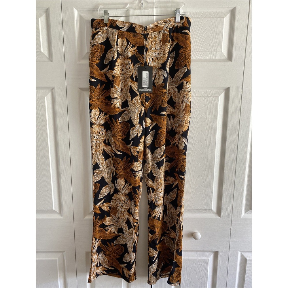 Pretty Little Thing Womens 12 Black Palm Leaf Print‎ Beach Flares Pants NEW